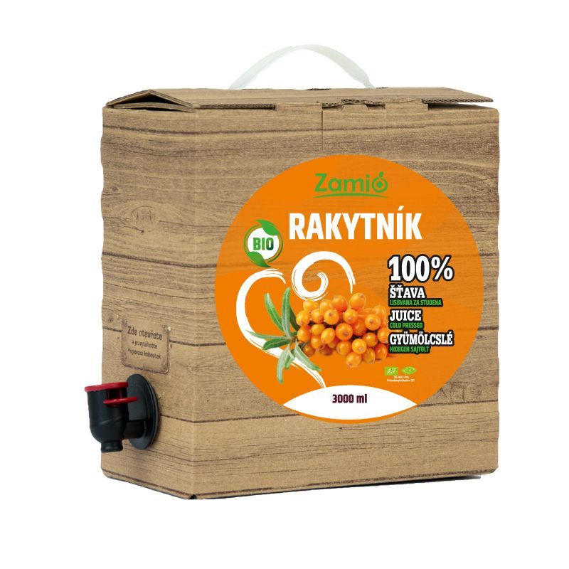 krabica prírodnej farby s výpustným ventilom a etiketou - 100% šaťava ovocia rakytníková šťava