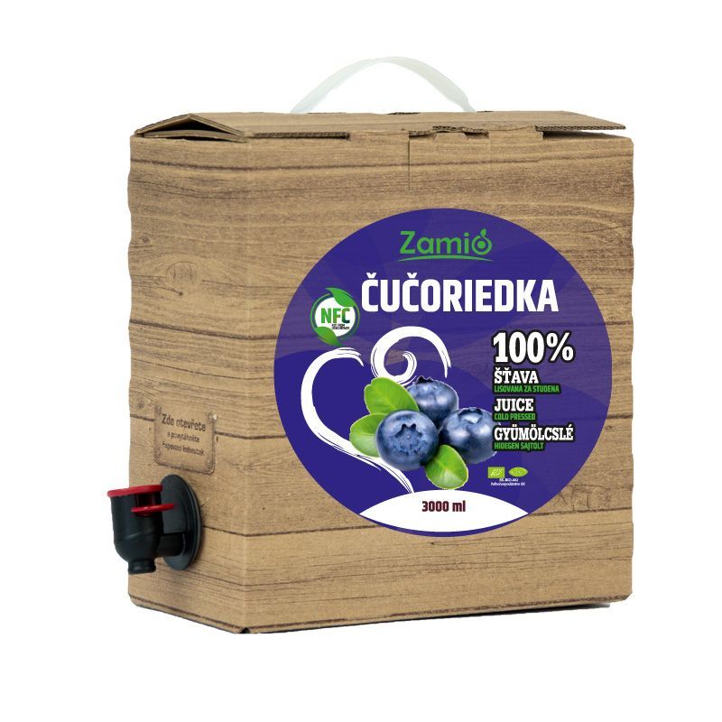 krabica prírodnej farby s výpustným ventilom a etiketou - 100% šaťava ovocia čučoriedková šťava