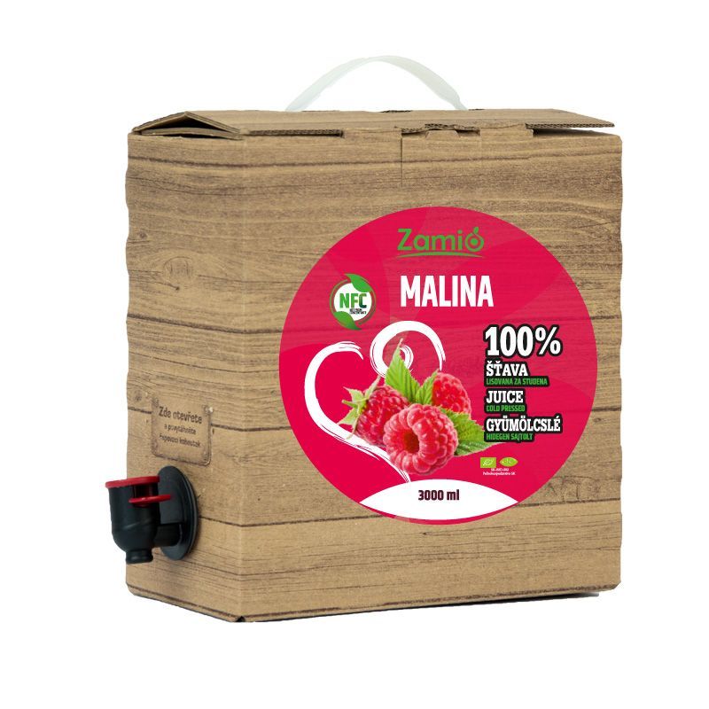krabica prírodnej farby s výpustným ventilom a etiketou - 100% šaťava ovocia malinová šťava