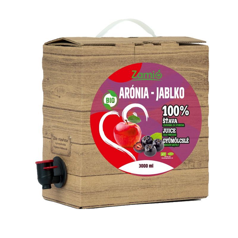 krabica prírodnej farby s výpustným ventilom a etiketou - 100% šaťava ovocia šťava z arónie