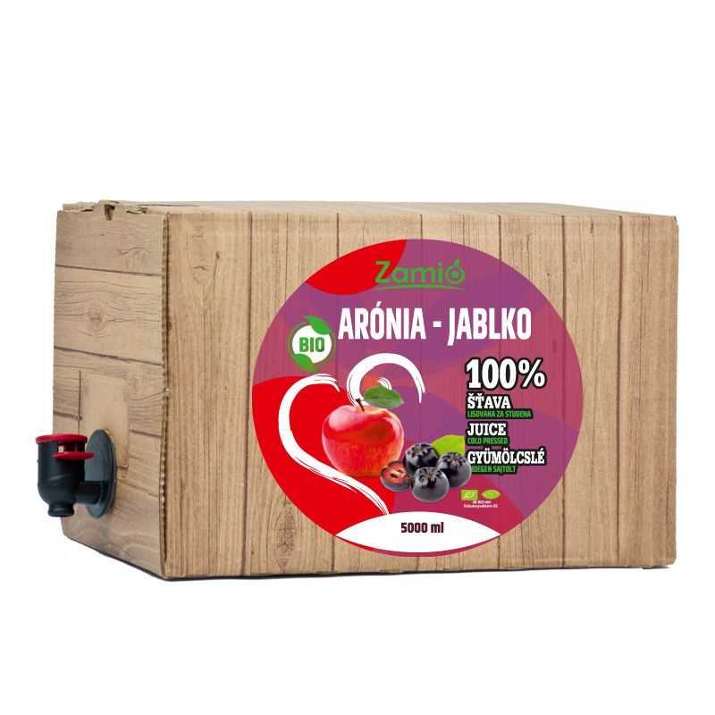 krabica prírodnej farby s výpustným ventilom a etiketou - 100% šaťava ovocia 100% šťava 5l BIO Arónia - BIO Jablko