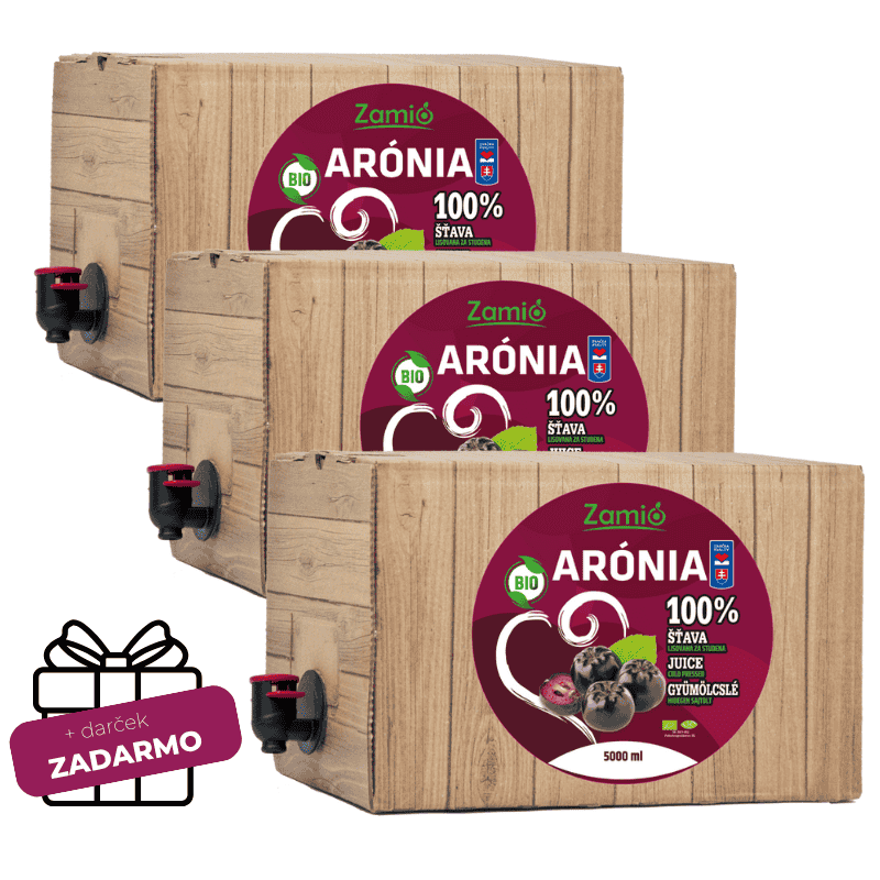 krabica prírodnej farby s výpustným ventilom a etiketou - Sirup Arónia 57% ovocia Výhodná 150 dňová kúra