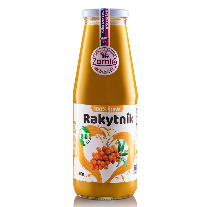 sklenená fľaša s 100% šťavou oranžovej farby 100% šťava BIO Rakytník 700ml