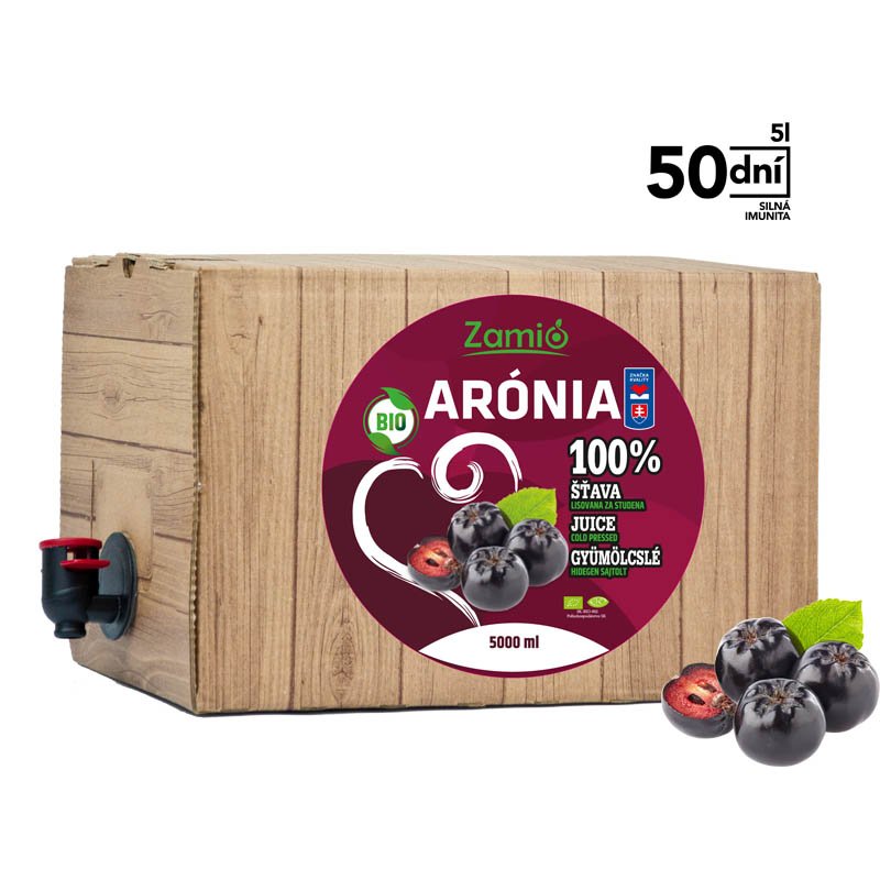 Krabica v prírodnej hnedej farby s výpustnim ventilom 5l šťava BIO Arónie od ZAmia vhodné na 50 dni