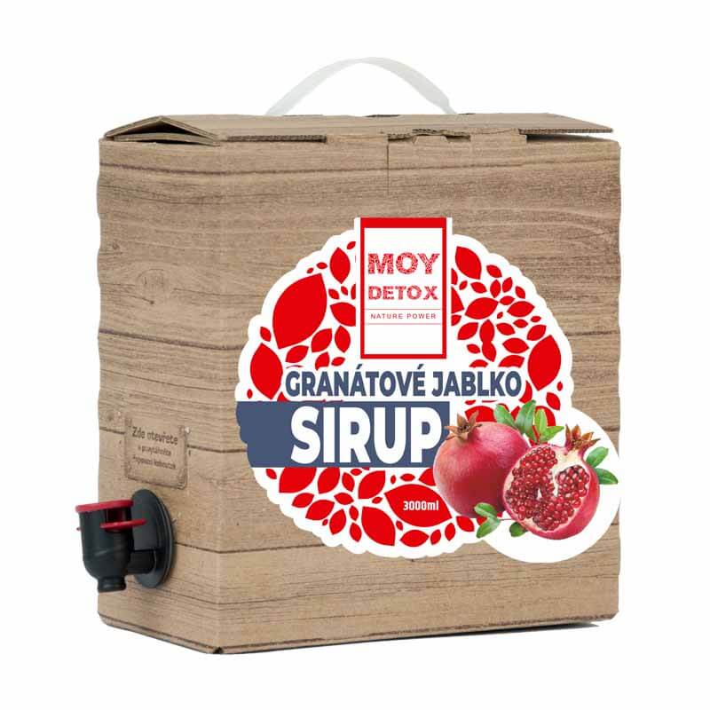 sirup z granátového jablka v krabici prirodnej farby hnedej s výpustnym ventilom BIB ventilom