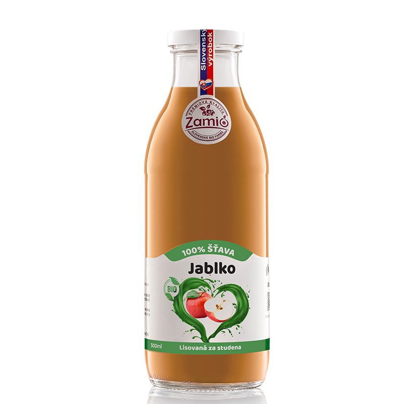 Jabko ako šťava - fľaša sklo 500ml objem plná ovocné šťavy prírodnej 100% šťavy od Slovenkého producenta ovocných štiav ZAMIO a MOY