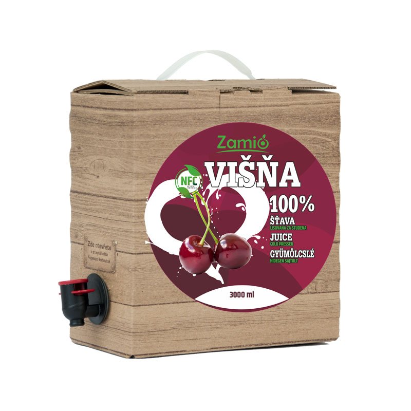 krabica prírodnej farby s výpustným ventilom a etiketou - 100% šaťava ovocia Višna