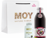 baliček Pre moju lásku obsahuje luxusnú tašku moy so zlatou razbou a produkty z aronie 100% ovocnú šťavu 500ml