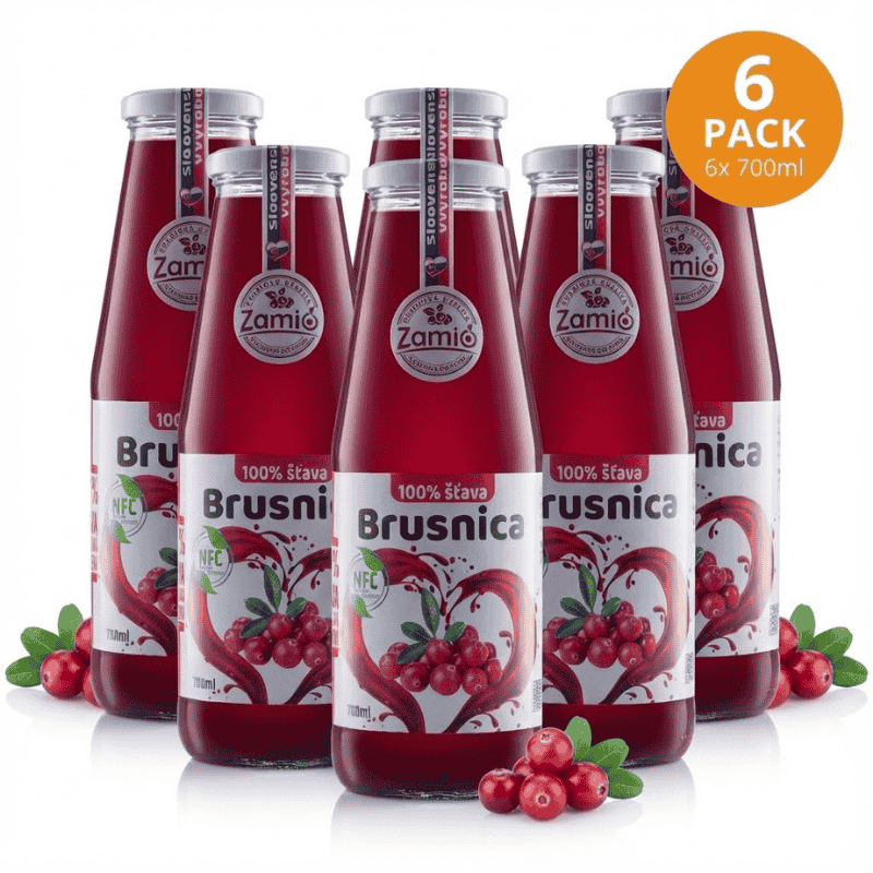 6ks fliaš v skle plné 100% ovocnej šťavy z 100% brusnic 700ml pack 6 ks