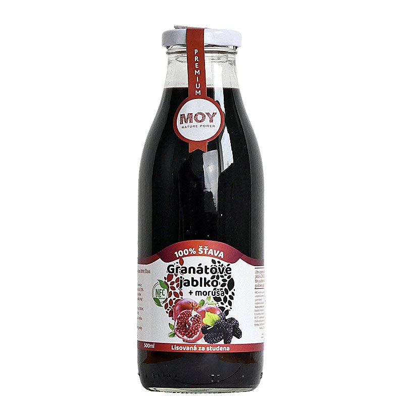 šťava tmava v skle 100% granatove jablkoa moruša lisovana za studena 500ml MOY ZAMIO