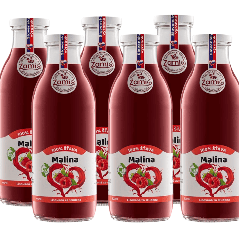 100% šťava v skle sito červenej farby plody malina zamio 500ml pack flaše 6ks fľaša sklo 500ml objem plná ovocné šťavy prírodnej 100% šťavy od Slovenkého producenta ovocných štiav ZAMIO a MOY