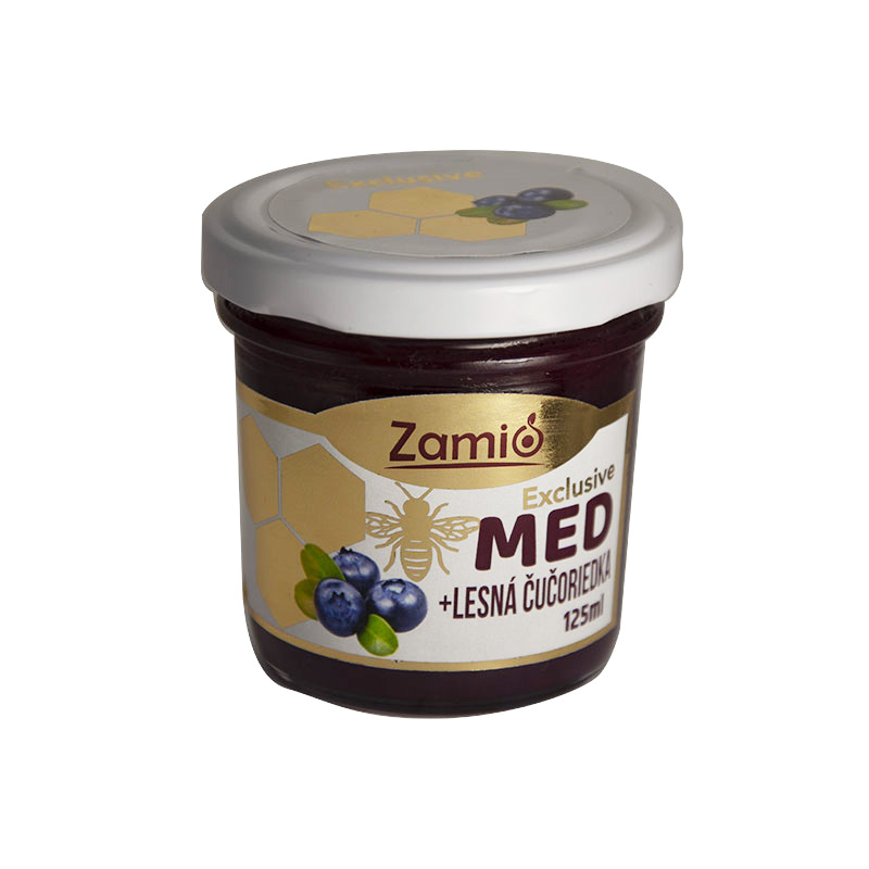 sklenená fľaša objem 125ml Med ochutený s čučoriedkou lesnou