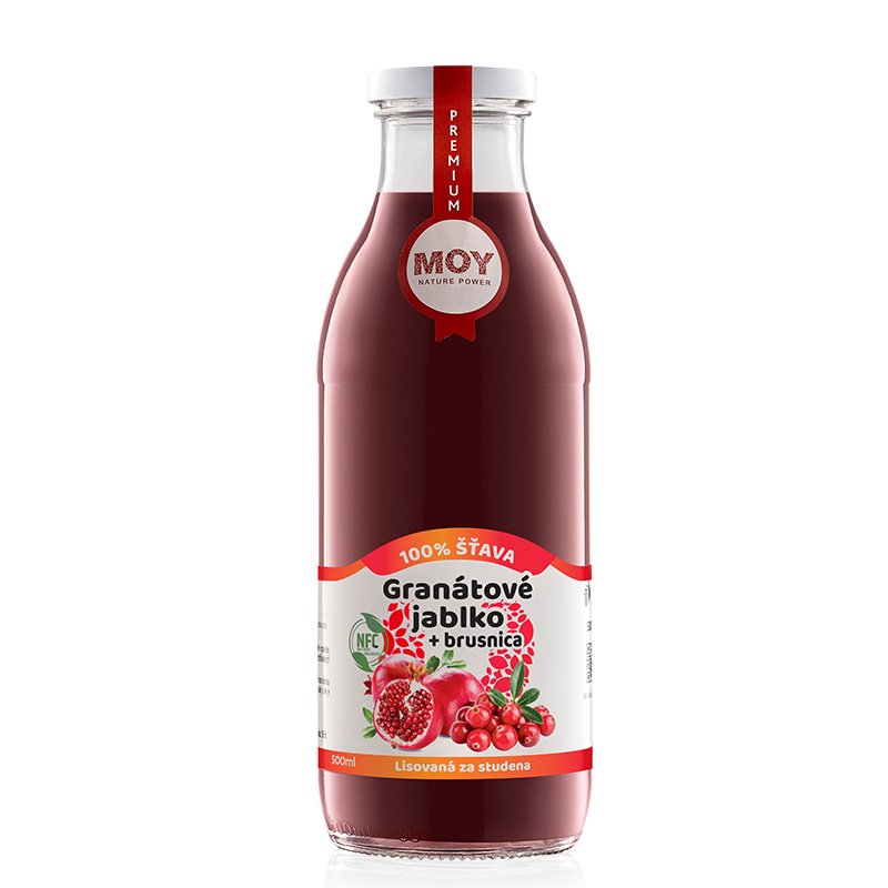 fľaša sklo 500ml objem plná ovocné šťavy prírodnej 100% šťavy od Slovenkého producenta ovocných štiav ZAMIO a MOY