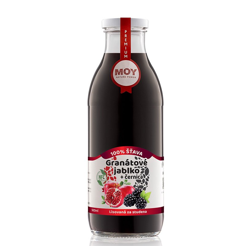 fľaša sklo 500ml objem plná ovocné šťavy prírodnej 100% šťavy od Slovenkého producenta ovocných štiav ZAMIO a MOY