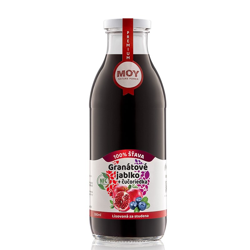 fľaša sklo 500ml objem plná ovocné šťavy prírodnej 100% šťavy od Slovenkého producenta ovocných štiav ZAMIO a MOY
