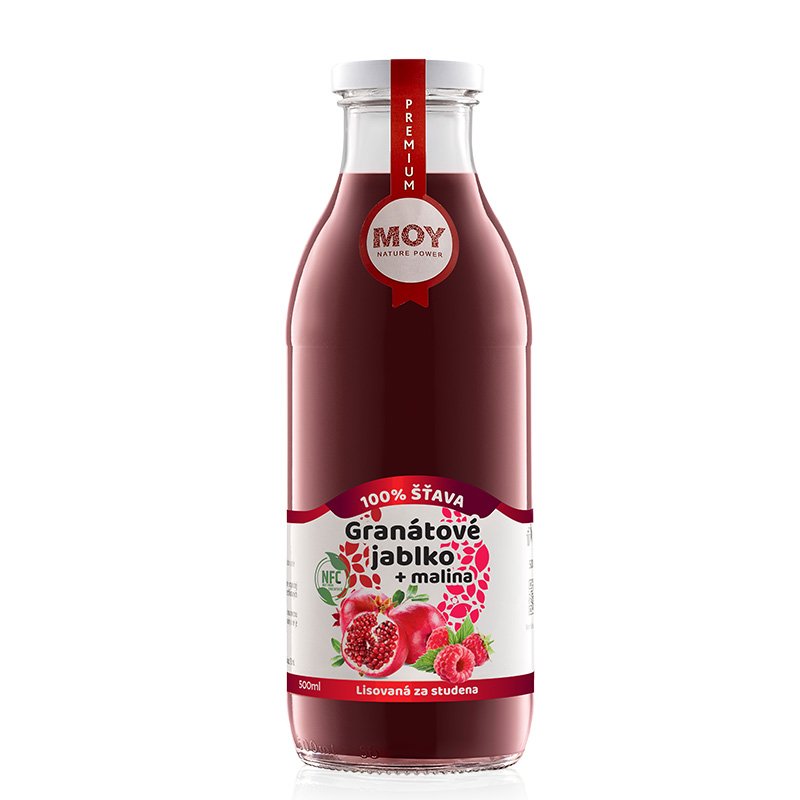 fľaša sklo 500ml objem plná ovocné šťavy prírodnej 100% šťavy od Slovenkého producenta ovocných štiav ZAMIO a MOY