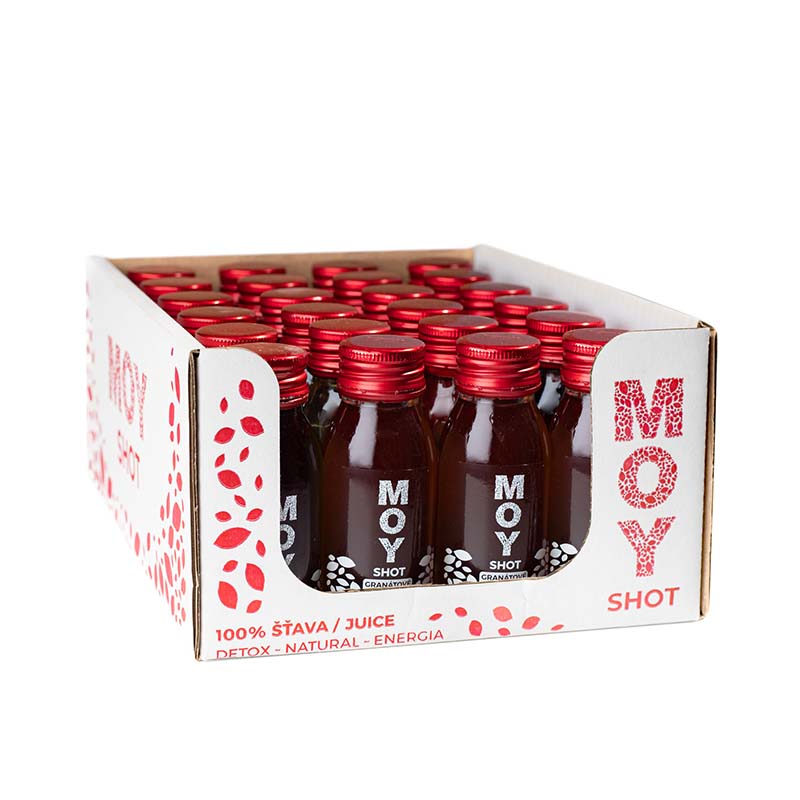 fľaša sklo SHOT 60ml objem plná ovocné šťavy prírodnej 100% šťavy od Slovenkého producenta ovocných štiav ZAMIO a MOY