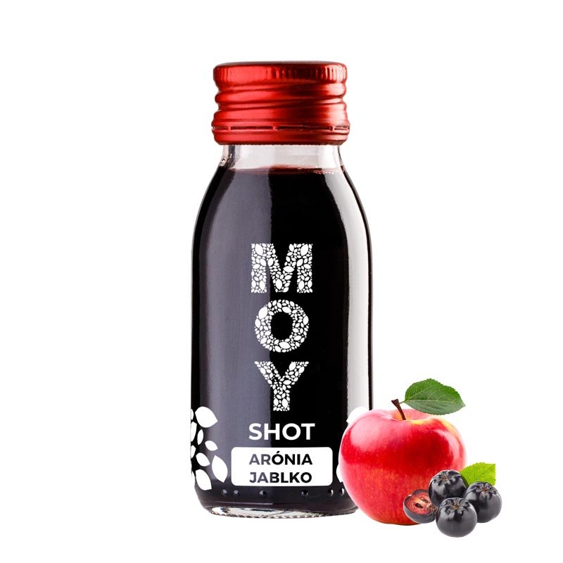 moy shot arónia jablko fľaša sklo SHOT 60ml objem plná ovocné šťavy prírodnej 100% šťavy od Slovenkého producenta ovocných štiav ZAMIO a MOY