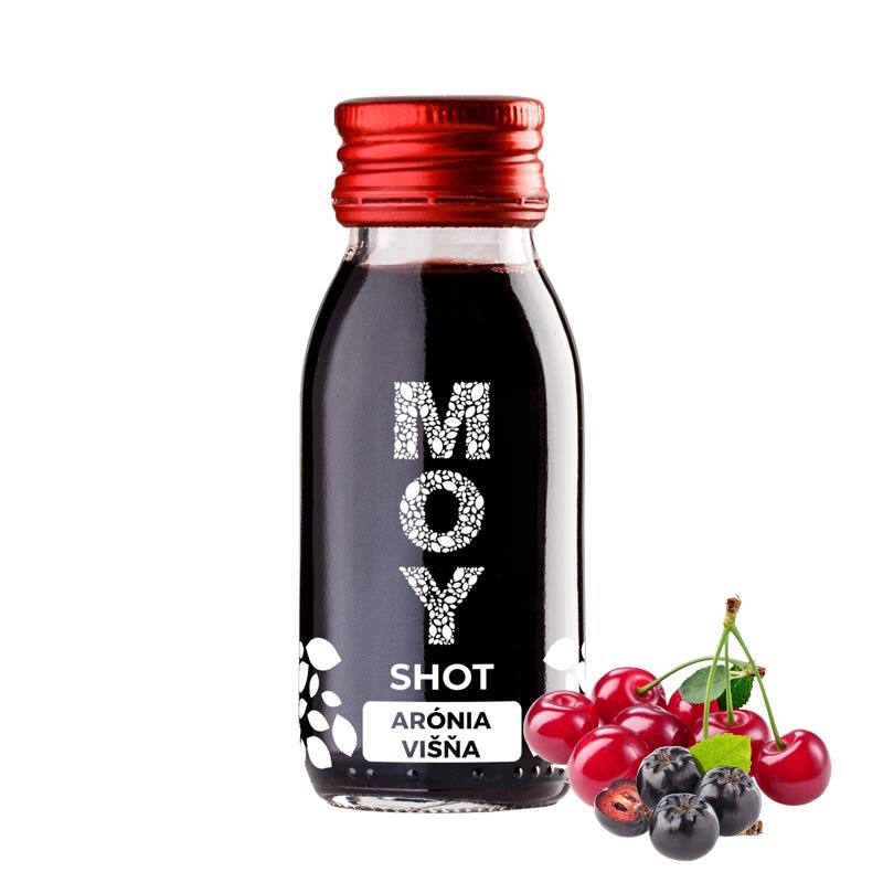 MOY Shot Arónia Višňa fľaša sklo SHOT 60ml objem plná ovocné šťavy prírodnej 100% šťavy od Slovenkého producenta ovocných štiav ZAMIO a MOY