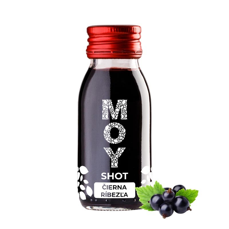 MOY Shot Čierna ríbezľa fľaša sklo SHOT 60ml objem plná ovocné šťavy prírodnej 100% šťavy od Slovenkého producenta ovocných štiav ZAMIO a MOY