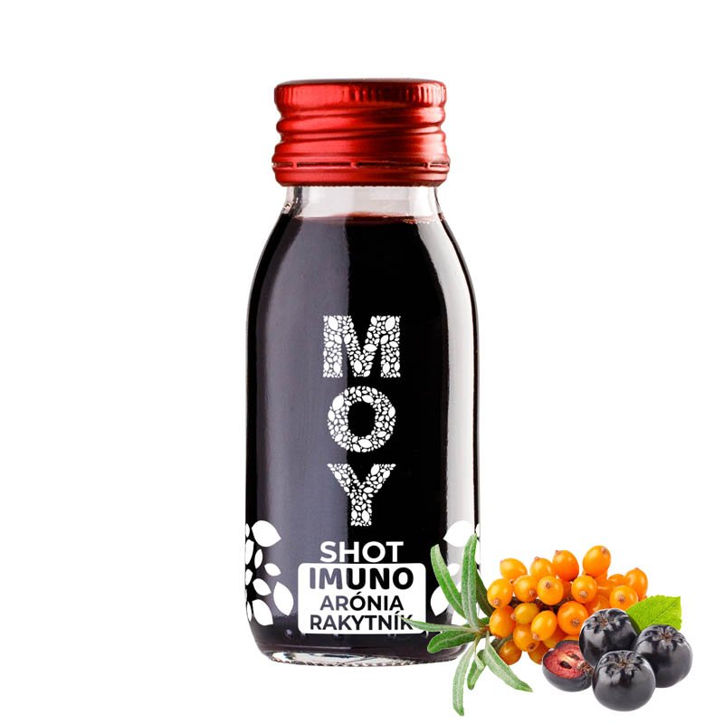 Arónia rakytník fľaša sklo SHOT 60ml objem plná ovocné šťavy prírodnej 100% šťavy od Slovenkého producenta ovocných štiav ZAMIO a MOY