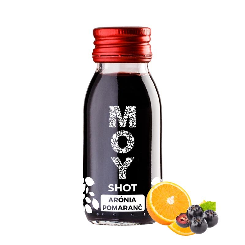 moy shot arónia pomaranč fľaša sklo SHOT 60ml objem plná ovocné šťavy prírodnej 100% šťavy od Slovenkého producenta ovocných štiav ZAMIO a MOY