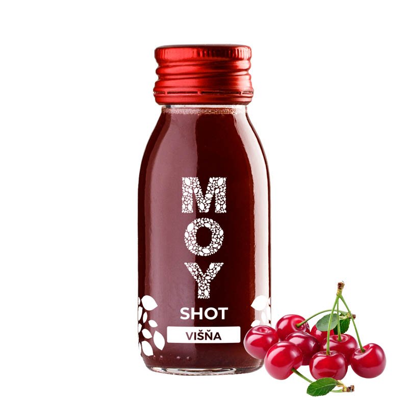 fľaša sklo SHOT 60ml objem plná ovocné šťavy prírodnej 100% šťavy od Slovenkého producenta ovocných štiav ZAMIO a MOY