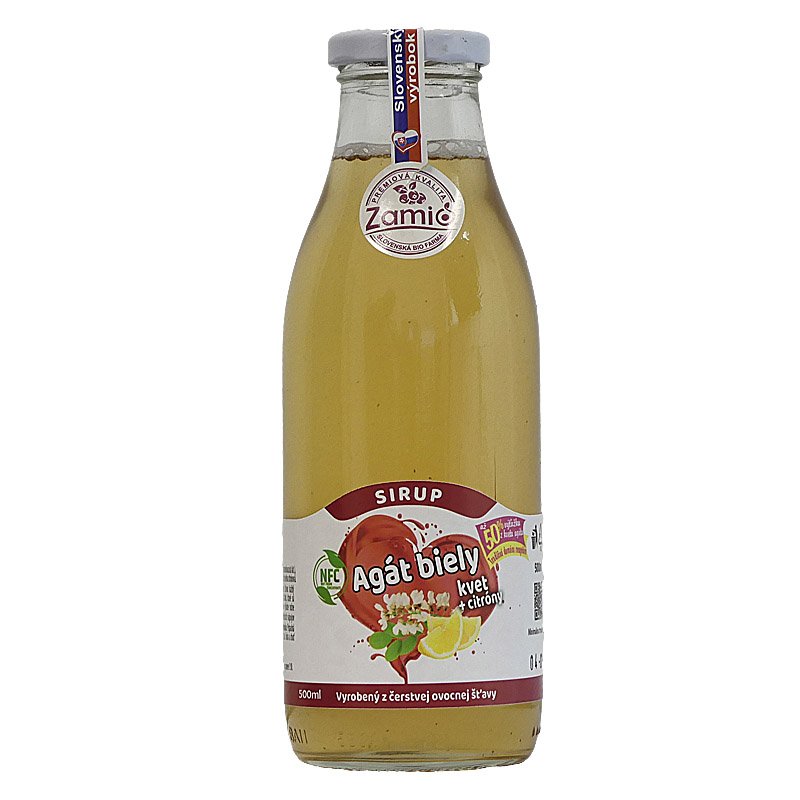 na obrázku je sklenená fľaša plnej sirupu z macerátu kvetu Agáta bieleho 500ml