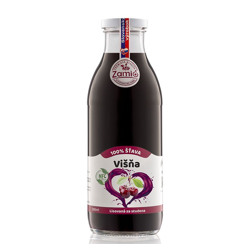 Višna vo fľaša sklo 500ml objem na ovocné šťavy prírodnej 100% šťavy od Slovenkého producenta ovocných štiav ZAMIO a MOY